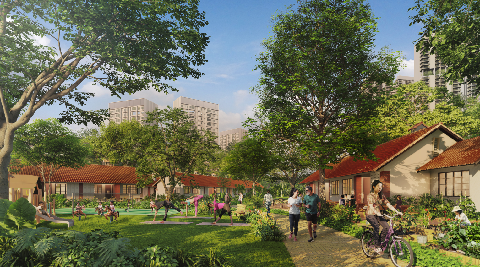 People enjoying leisure activities in a park, including jogging, yoga, gardening, and cycling. Buildings are visible in the background.